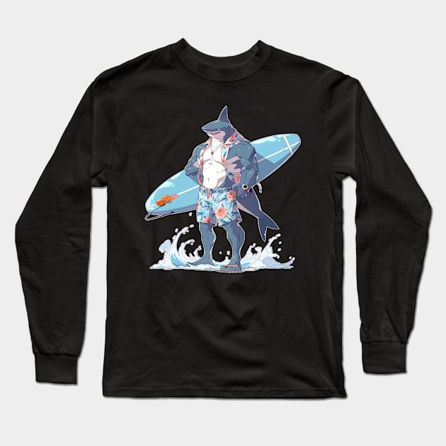 Seriously Anime Surfer Shark Long Sleeve T-Shirt by DanielLiamGill